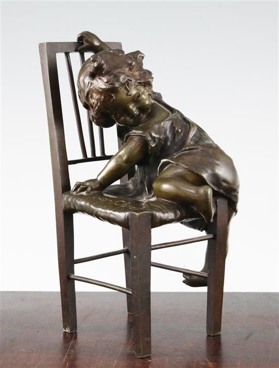 Juan Clara (Spanish 1875-1957). A bronze figure of a young girl climbing onto a chair, 8.75in.